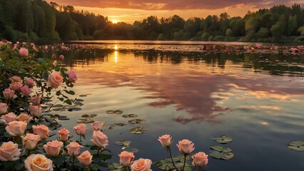 A romantic sunset over a tranquil lake, with heart-shaped clouds reflecting on the water, surrounded by blossoming roses and soft golden light