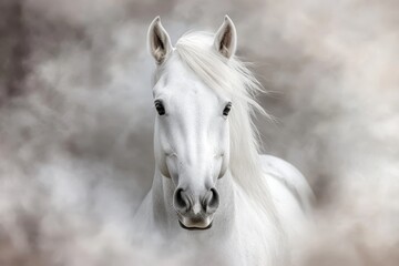 A white horse with a long mane standing in the fog