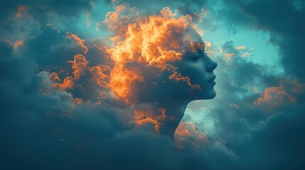 Serene Woman Silhouette in Fiery Sunset Cloudscape