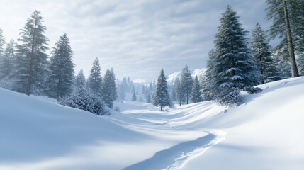 Serene winter landscape with snow-covered trees and mountains.
