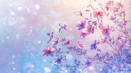 Delicate pink flowers bloom against a dreamy pastel background during springtime