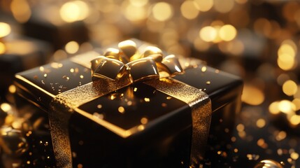 A black box with gold ribbon and a gold bow on top