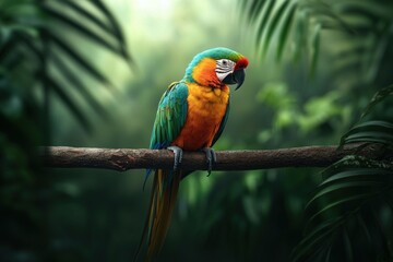 Obraz premium Parrot perched on branch rainforest wildlife photography tropical environment close-up view nature conservation