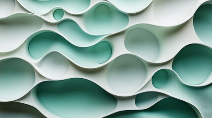 A green and white abstract painting with many circles