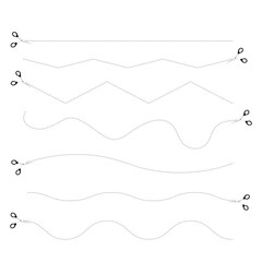 Cut here sign. set of scissor cutting lines dashed. set of cut dash lines in different lines, dash line, curved, zigzag. scissors dotted, dash line cutter set. vector scissors