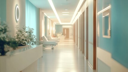 Fototapeta premium A modern hospital hallway with blue walls, white furniture, and a plant in a pot.