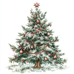 beautifully decorated Christmas tree with ornaments and snowflakes, showcasing festive spirit. tree is lush and green, adorned with red and gold decorations, perfect for holiday celebrations