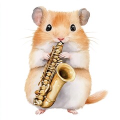 Adorable Hamster Playing Saxophone in Watercolor on White Background