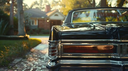 Fototapeta premium A black car is parked in front of a house
