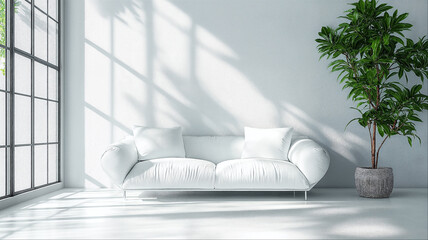 Minimalist living room white sofa with natural lighting, modern interior decor, potted plant by glass windows