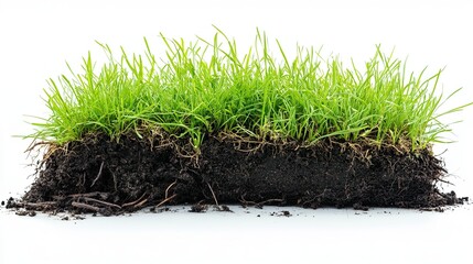On a white background, a green meadow grass surrounded by black soil and roots is isolated .
