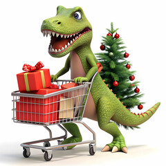 Happy Dinosaur Pushing Shopping Cart with Christmas Gifts