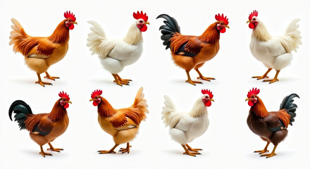 Colorful Chicken Illustration Collection of Eight Different Breeds in Various Poses for Farm and Educational Use
