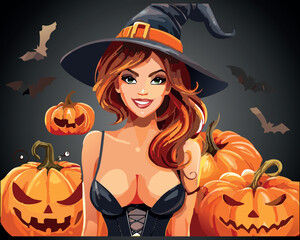 Halloween Witch with Pumpkins Vector Illustration
