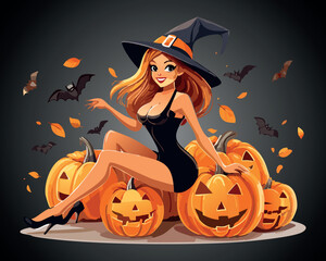 Halloween Witch with Pumpkins Vector Illustration