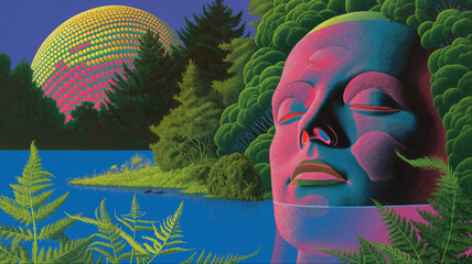 Surreal psychedelic portrait with cosmic landscape elements, Retro-futuristic digital human in nature concept composition