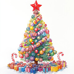 colorful Christmas tree adorned with ornaments and gifts, creating festive atmosphere. vibrant decorations and presents evoke joy and celebration during holiday season