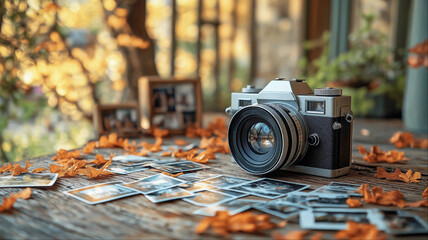 Classic film camera surrounded by autumn leaves, Vintage photography equipment in nostalgic fall setting