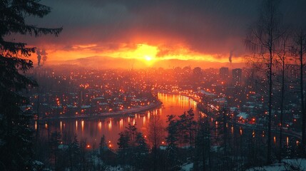 Obraz premium A city with a river and a sunset in the background