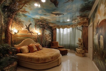 A bedroom with a large bed and a tree mural on the wall