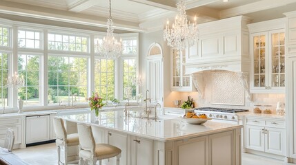 Classic luxury kitchen with an all-white theme, double islands, crystal chandeliers, and natural lighting,