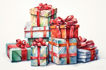 Capture a whimsical watercolor scene of assorted Christmas presents, each uniquely wrapped and adorned with festive ribbons, displayed artistically