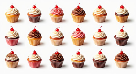 Delicious Assorted Cupcakes Collection with Cherry Toppings on a White Background, Perfect for Bakery Promotions.