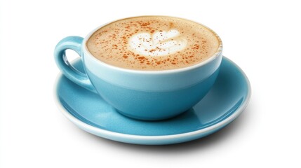 Obraz premium A cup of cappuccino with cinnamon on top, in a blue cup and saucer, isolated on white background.