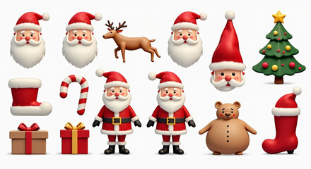 Festive Christmas Illustration Set with Santa Claus, Reindeer, Gifts, and Holiday Decor for Seasonal Design Projects