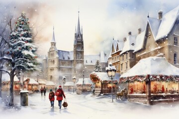 Fototapeta premium Craft a festive Christmas market scene with a watercolor touch