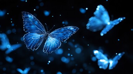Three blue butterflies flying in the air