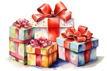 Obraz premium Create a watercolor-style graphic of assorted festive Christmas presents with bows ribbons