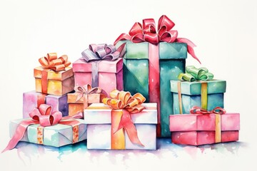Create a watercolor-style graphic of assorted festive Christmas presents with bows ribbons