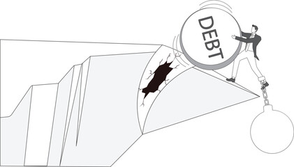 Businessman fighting against iron ball debt burden, almost falling off