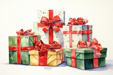 Fototapeta premium Create a watercolor masterpiece of a festive holiday scene with beautifully wrapped Christmas presents in various sizes and colors, embellished with ribbons, bows, and tags