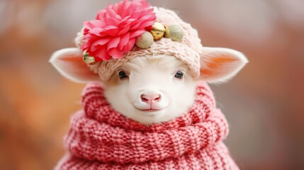 Obraz premium Adorable white lamb wearing a pink knitted hat and scarf looking at the camera.