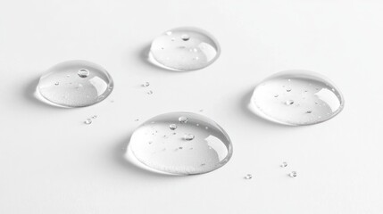 Four clear water drops on a white surface.