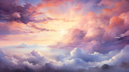 Obraz premium High-angle view of a dramatic sunset illuminating fluffy clouds, intense shades of purple and red, watercolor technique, evoking a sense of wonder and tranquility