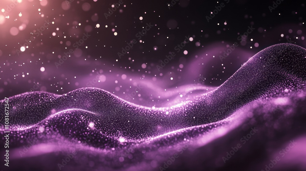 Poster digital new year background featuring a flowing wave of purple particles with shimmering light effec