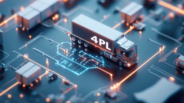 Supply chain logistics action truck transporting goods in digital environment 4pl technology concept