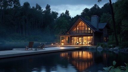 Fototapeta premium Lakeside cabin with a wooden deck, reflection of the house on the water, cozy lighting