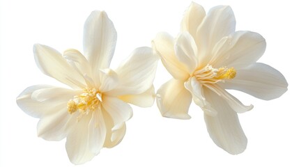 Two delicate white flowers with yellow centers isolated on a white background.