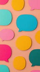 A colorful array of speech bubbles on a peach background, symbolizing communication and conversation.