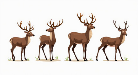 Obraz premium Stunning Deer Illustration Set Featuring Four Stags in Natural Habitat - Perfect for Wildlife and Nature Projects