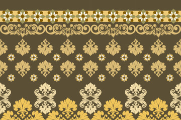 Abstract Ikat luxury golden and yellow floral damask shape seamless and lace pattern on brown wallpaper and vector background. Tribal and culture concept