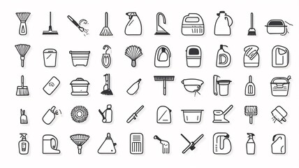 Minimalist Cleaning Supplies Icons with Monochrome Line Drawings of Household and Janitorial Tools V3