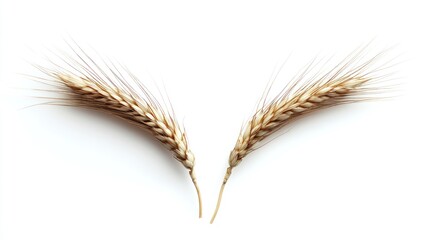 Fototapeta premium Two wheat stalks with golden brown grains and long stems, arranged in a v-shape on a white background.
