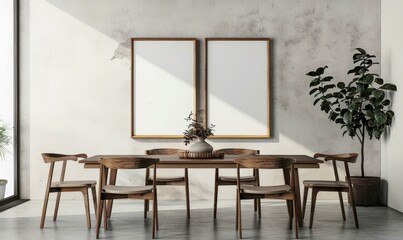 A modern dining room with a wooden table and chairs. two empty picture frames. and a vase of flowers