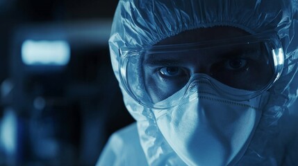 A man in a white lab coat and a blue mask