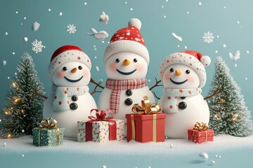 Fototapeta premium 3D render of cute cartoon snowmen with presents, standing near pine trees, with flying gifts, in a cheerful winter holiday scene.